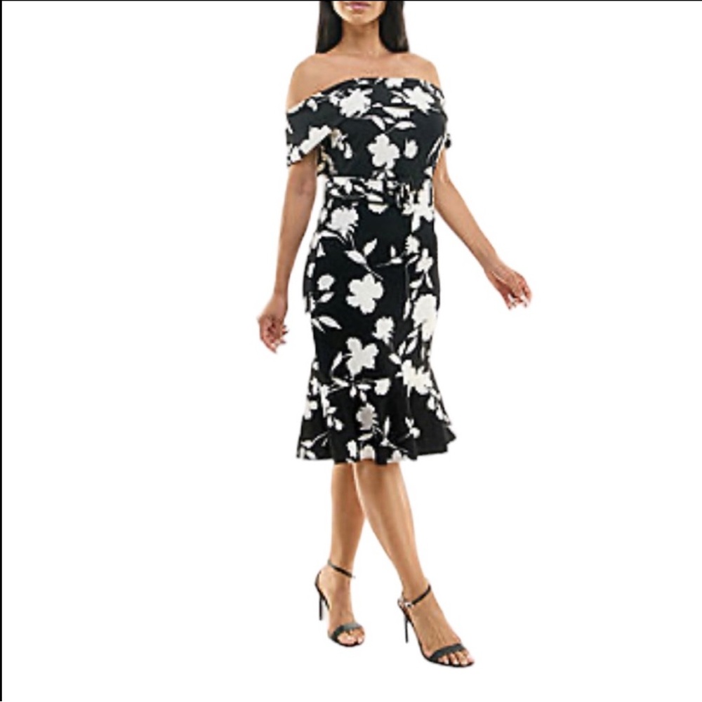 NWT PremierAmour off-the-shoulder (Bardot style) floral print size 4 midi dress.